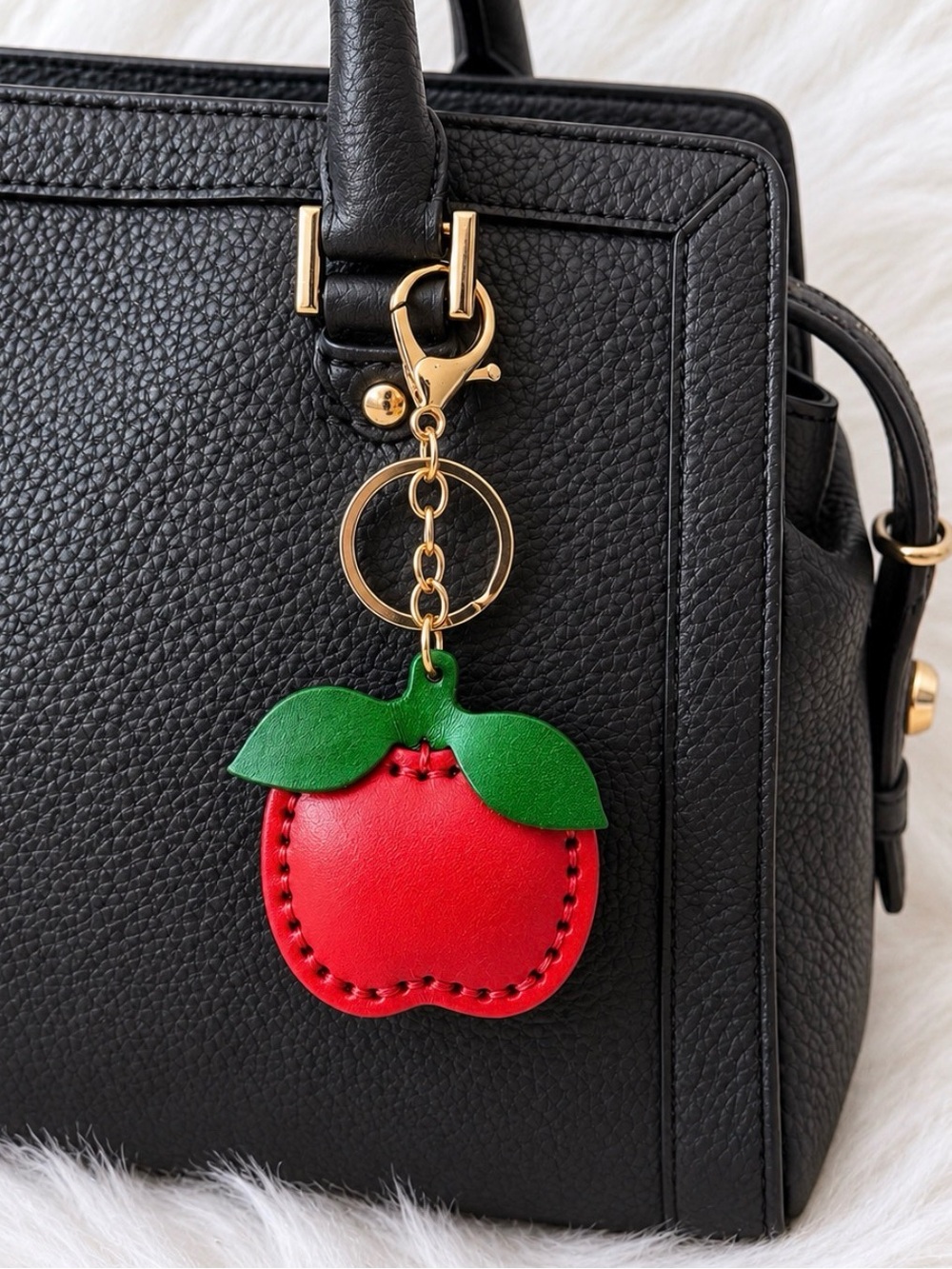 Leather Red Apple Keychain Bag Charm Key Ring Handmade Gift New